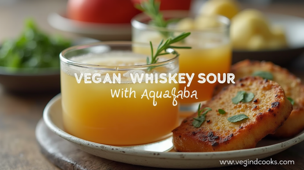 Vegan Whiskey Sour cocktail garnished with a lemon wheel and cherry on a wooden table.