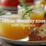 Vegan Whiskey Sour cocktail garnished with a lemon wheel and cherry on a wooden table.
