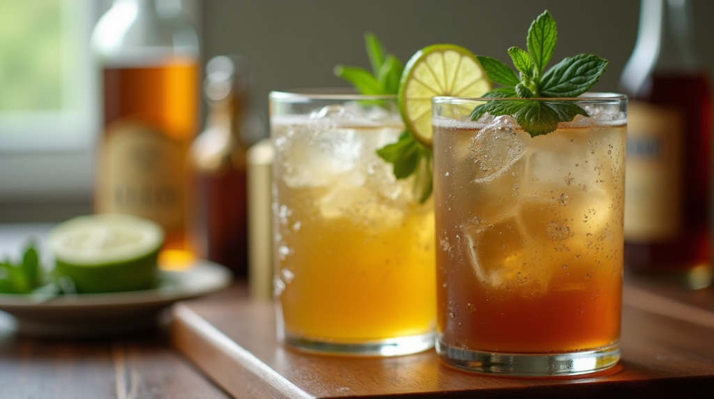A vibrant copper mug filled with a refreshing vegan Moscow Mule cocktail, garnished with fresh mint leaves and a lime wheel. The mug is brimming with ice cubes, with condensation forming on the copper exterior, showcasing the drink's chill. A bottle of ginger beer and sliced limes are placed nearby, highlighting the fresh, plant-based ingredients that make this cocktail vegan-friendly.