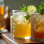 A vibrant copper mug filled with a refreshing vegan Moscow Mule cocktail, garnished with fresh mint leaves and a lime wheel. The mug is brimming with ice cubes, with condensation forming on the copper exterior, showcasing the drink's chill. A bottle of ginger beer and sliced limes are placed nearby, highlighting the fresh, plant-based ingredients that make this cocktail vegan-friendly.
